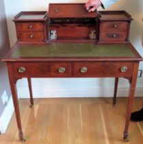 Late 19th/early 20th century inlaid mahogany writing desk with green leather insert, fitted with