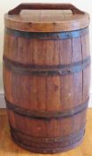 Large metal bound vintage drinks barrel with cover. Approx. 87 x 50cms reasonable used condition