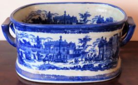 Large VictoriaWare Ironstone blue and white country style ceramic two handled planter. Approx. 21