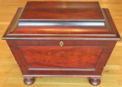 Early 19th century William IV panelled mahogany sarcophagus form cellarette/wine cooler, with fitted