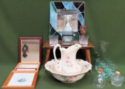 Sundry lot Inc. small table, mirror, jug and bowl set, pictures, glassware, etc all used and