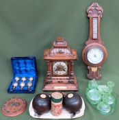 Sundry lot Inc. mantle clock, barometer, dressing table set, vintage bowling bowls, etc all used and