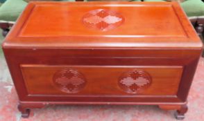 Mid 20th century carved camphor chest. Approx. 58cm H x 100cm W x 49cm D Reasonable used