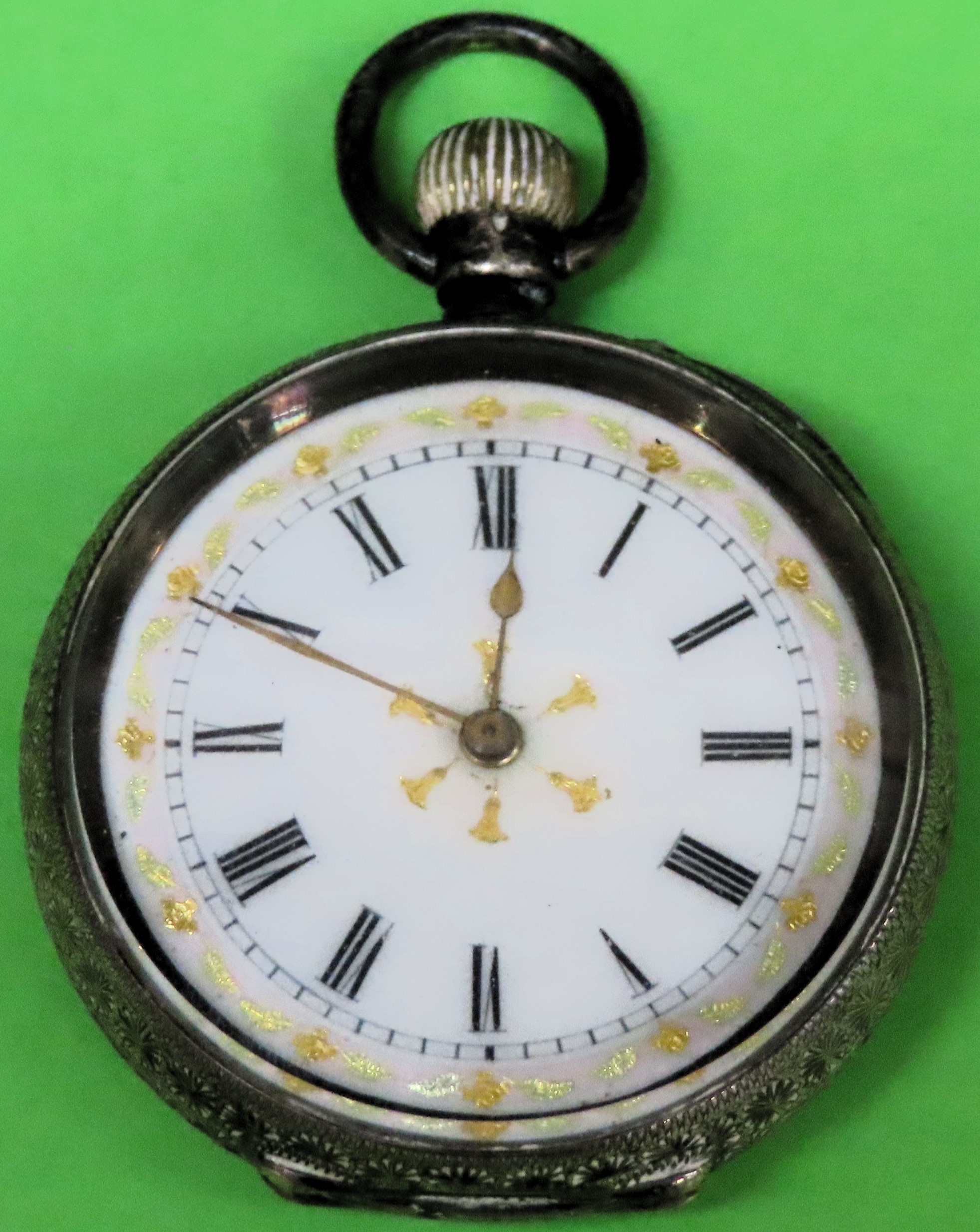 Pretty 935 silver French style fob watch with gilded and enamelled circular dial used not tested