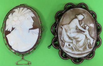 Large Victorian oval cameo within 9ct gold brooch setting, plus another Victorian cameo brooch