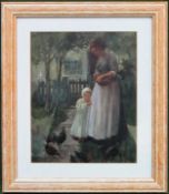 Attributed to Percey Lancaster, framed watercolour depicting a garden scene with mother and child,