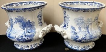 PAIR OF BLUE AND WHITE POTTERY WINE COOLERS, FRENCH SCENERY, APPROX 26.5cm HEIGHT AND 34cm