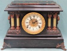 Seth Thomas Ebonised and gilded wooden mantle clock. App 31cm H