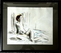 N S LARET, WATERCOLOUR, RECLINING FEMALE FIGURE, FRAMED AND GLAZED, APPROX 49 x 60cm