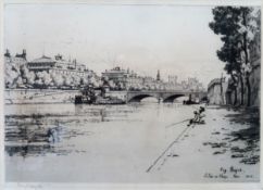 Ebonised framed monochrome etching depicting a Parisian river scene, signed in pencil by the artist.