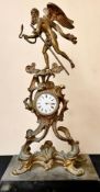 PRETTY MANTLE CLOCK IN THE GILDED ROCOCO MANNER UPON MARBLE BASE. APPROX. 41CM H X 21.5CM W X 13CM D