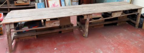 Large vintage works table. Approx. 69cm H x 360cm W x 76cm D