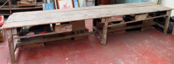 Large vintage works table. Approx. 69cm H x 360cm W x 76cm D