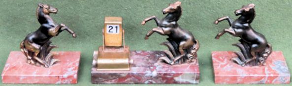French style vintage desk calendar with mounted gilt horse, plus two other similar horses, all on