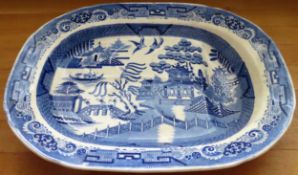 19th century blue and white ceramic Willow pattern meat platter used condition with crazing and a