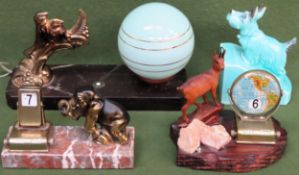 French Art Deco Figure form table lamp, two desk stands, plus ceramic dog All in used condition, not