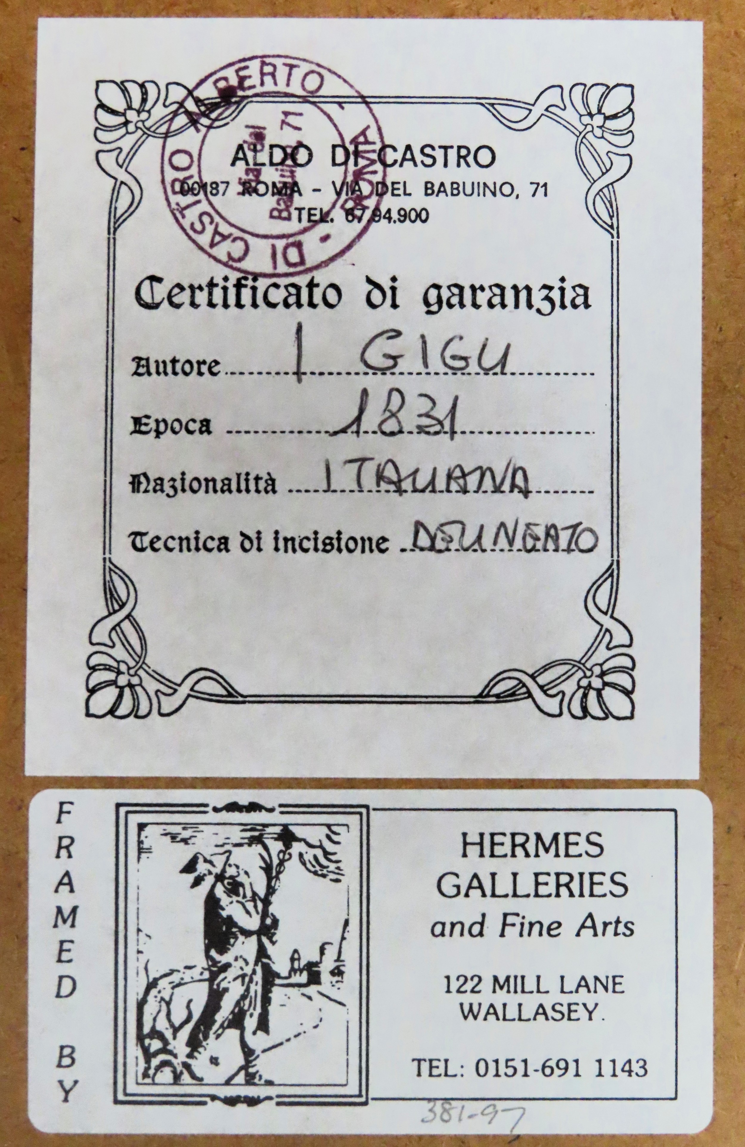 Pair of framed Italian scenes engravings, signed Gigu. App. 18.5 x 28cm Both appear in reasonable - Image 2 of 2
