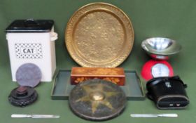 Sundry lot Inc. inlaid box, scales, brass plaque, serving tray, cased binoculars, mother of pearl