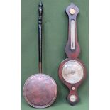 19th century rosewood framed wheel barometer, plus copper bed warming pan both used. glass missing