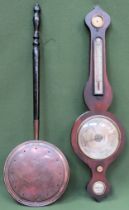 19th century rosewood framed wheel barometer, plus copper bed warming pan both used. glass missing