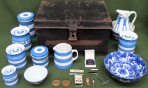 Tin containing sundries Inc. TG Green cornishware, Liverpool Education Committee medallions,