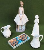 Parcel of ceramics including Nao glazed ceramic figure, Doulton Images figure, two parian ware jugs,
