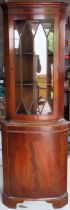 20th century yew wood single door glazed corner display cabinet. Approx. 188 x 65 x 39cms