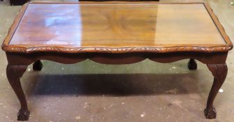 Glass topped coffee table. App. 40cm H x 93cm W x 46cm D Reasonable used condition, scuffs and