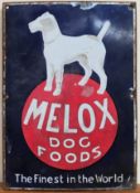 Vintage enamelled Melox dog food advertising sign. Approx. 36 x 25cm Used condition, minor damage,