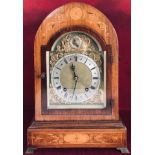 PRETTY INLAID ROSEWOOD CASED MANTEL CLOCK, GILDED FACE AND SILVERED CHAPTER OF ROMAN NUMERALS,