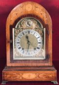PRETTY INLAID ROSEWOOD CASED MANTEL CLOCK, GILDED FACE AND SILVERED CHAPTER OF ROMAN NUMERALS,