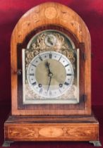 PRETTY INLAID ROSEWOOD CASED MANTEL CLOCK, GILDED FACE AND SILVERED CHAPTER OF ROMAN NUMERALS,