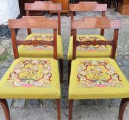 Set of four 19th century inlaid and carved mahogany dining chairs, with embroidered seats. Approx.