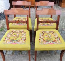 Set of four 19th century inlaid and carved mahogany dining chairs, with embroidered seats. Approx.