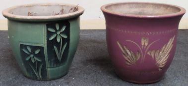Two decorative pottery plant pots. Approx. 33cm H x 39cm Diamter Both in reasonable used condition