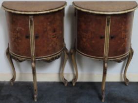 Pair of Dutch marquetry style inlaid and gilded half moon side cabinets. Approx. 84 x 56 x 32cms