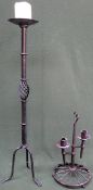 Victorian style cast iron double candle stand, plus 20th century tall candle stand on tripod