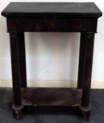 Regency style mahogany marble topped narrow console table, fitted with single drawer to front.