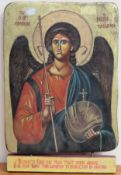Vintage handpainted and gilded icon of the Archangel Michael. Approx. 42 x 28cm Appears in