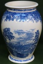 Wedgwood Queens Ware Romantic England series blue and white ceramic vase depicting Windsor Castle.