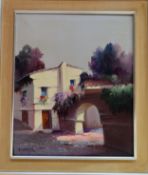 1970's framed oil on canvas depicting a European villa scene. App. 55 x 46cm