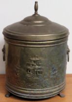 Vintage brass coal bucket with cover, on ball and claw supports. Approx. 44cm H Reasonable used