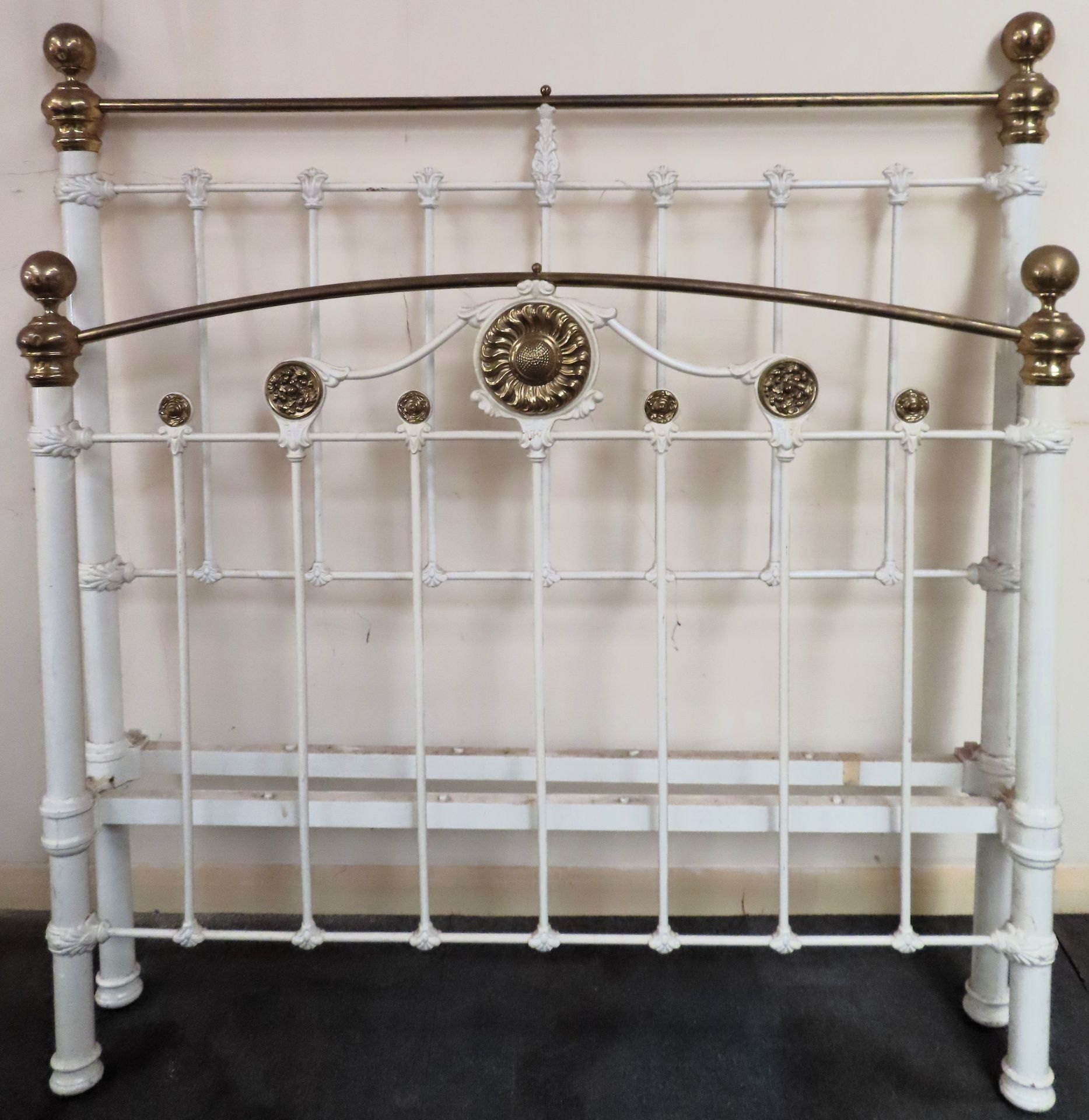 Victorian painted cast iron and brass double bed frame. Headboard Approx. 147 x 138cms used with