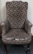 Victorian style upholstered armchair. Approx. 115 x 69 x 59cms used with scuffs scratches rips to