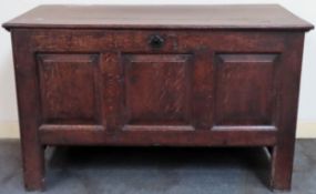 19th century panelled oak blanket chest. Approx. 69 x 113 x 53cms used with scuffs scratches split