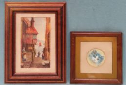 Small circular portrait of a cat, plus seaside backstreet watercolour, both unsigned both used and