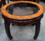 20th century wooden framed oval glass topped side table. Approx. 54 x 69 x 56cms Reasonable used