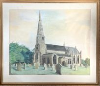 UNSIGNED WATERCOLOUR/GOUACHE, MANX CHURCH, LOCATION UNKNOWN, FRAMED AND GLAZED, APPROX 46 x 58cm