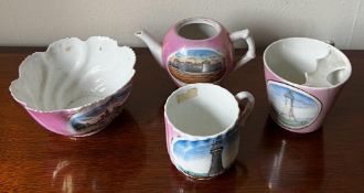 FOUR PIECES OF PINK LUSTRE WARE COMMEMORATIVE CHINA