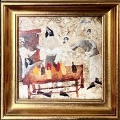 HARRY BILSON, OIL ON BOARD, THE HARLEQUIN PARTY, SIGNED LOWER RIGHT, APPROX 14 x 14cm